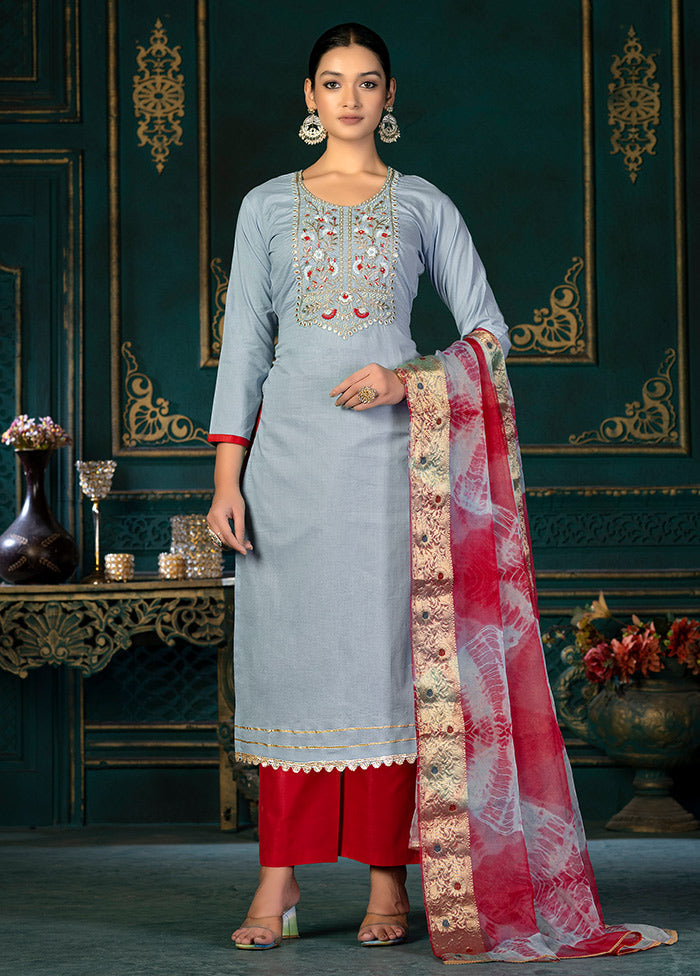 3 Pc Blue Unstitched Cotton Suit Set VDKSH31072115 - Indian Silk House Agencies