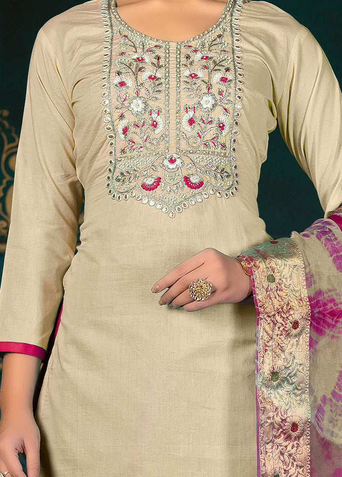 3 Pc Beige Unstitched Cotton Suit Set VDKSH31072117 - Indian Silk House Agencies