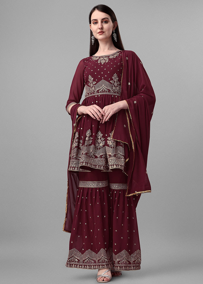 3 Pc Maroon Semi Stitched Georgette Suit Set VDKSH31072108 - Indian Silk House Agencies