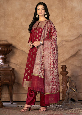 3 Pc Maroon Unstitched Silk Suit Set VDKSH31072123 - Indian Silk House Agencies