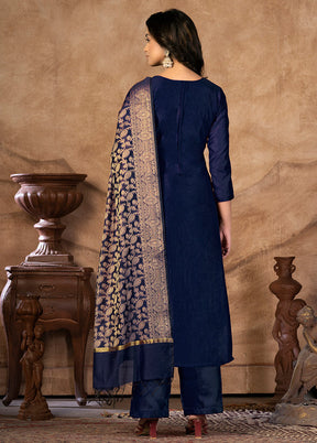 3 Pc Blue Unstitched Silk Suit Set VDKSH31072124 - Indian Silk House Agencies