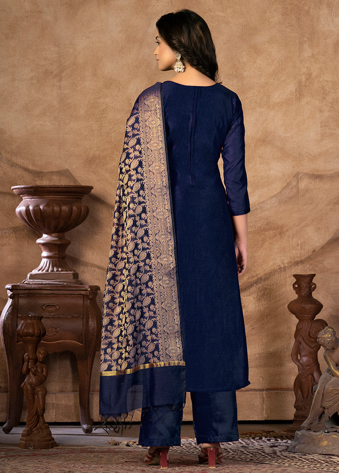 3 Pc Blue Unstitched Silk Suit Set VDKSH31072124 - Indian Silk House Agencies