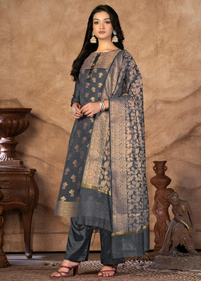 3 Pc Grey Unstitched Silk Suit Set VDKSH31072126 - Indian Silk House Agencies