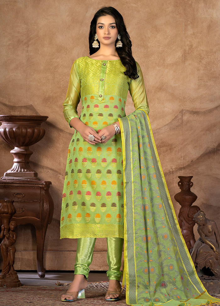 3 Pc Green Unstitched Silk Suit Set VDKSH31072128 - Indian Silk House Agencies