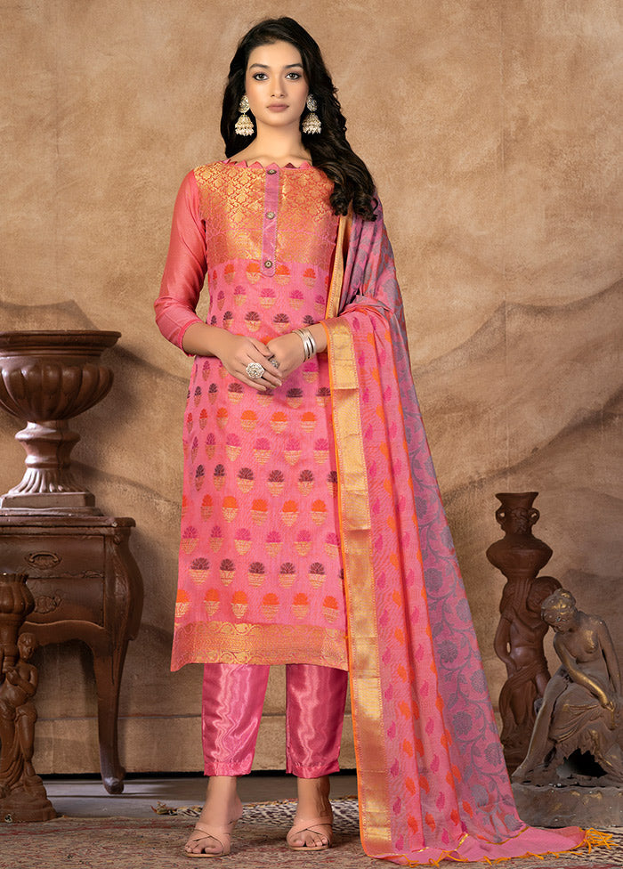 3 Pc Pink Unstitched Silk Suit Set VDKSH31072129 - Indian Silk House Agencies