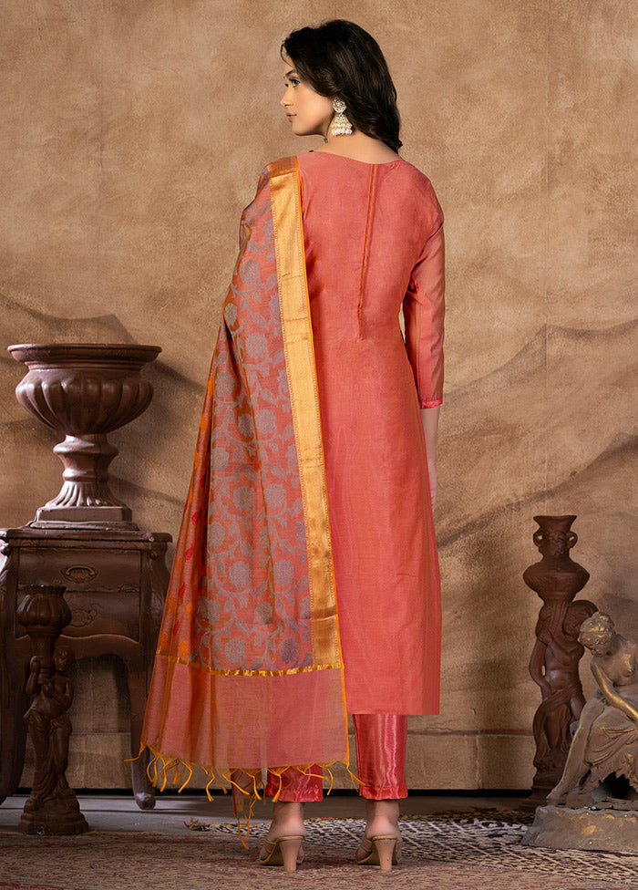 3 Pc Peach Unstitched Silk Suit Set VDKSH31072130 - Indian Silk House Agencies