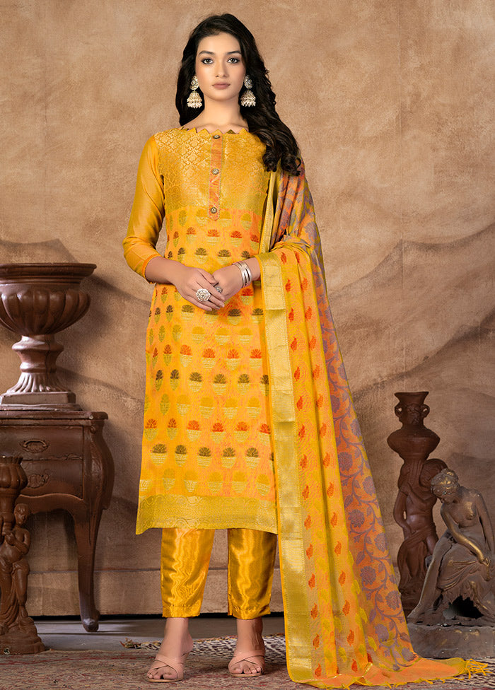 3 Pc Yellow Unstitched Silk Suit Set VDKSH31072131 - Indian Silk House Agencies