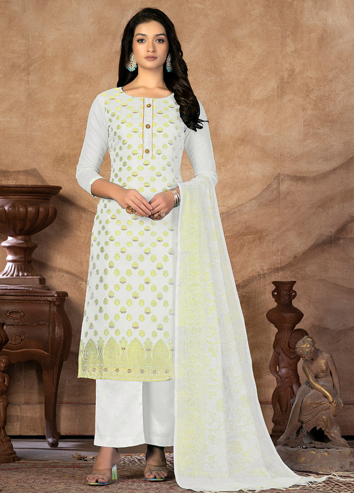 3 Pc White Unstitched Silk Suit Set VDKSH31072136 - Indian Silk House Agencies