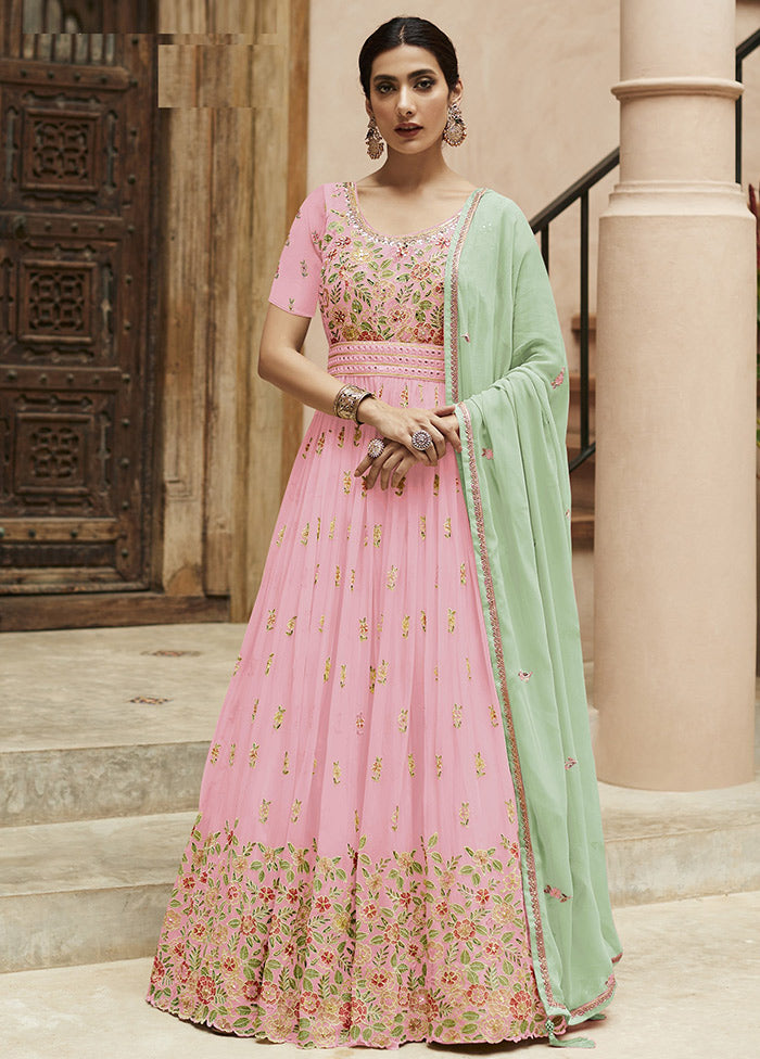 3 Pc Pink Semi Stitched Georgette Suit Set VDKSH31072102 - Indian Silk House Agencies