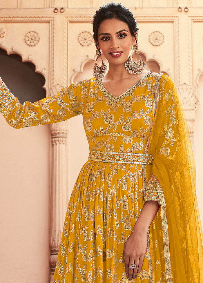 3 Pc Yellow Semi Stitched Silk Suit Set VDKSH31072096 - Indian Silk House Agencies