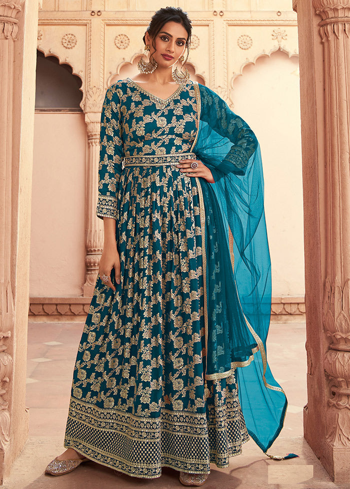 3 Pc Aqua Semi Stitched Silk Suit Set VDKSH31072097 - Indian Silk House Agencies