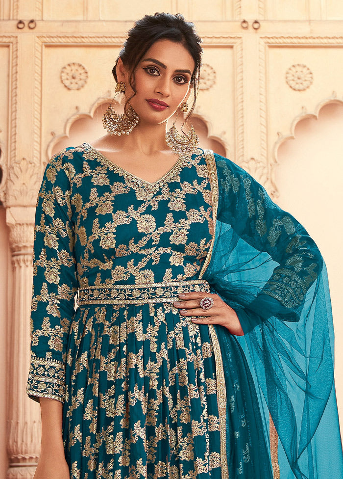 3 Pc Aqua Semi Stitched Silk Suit Set VDKSH31072097 - Indian Silk House Agencies