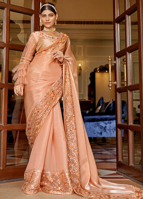 Peach Chiffon Silk Saree With Blouse Piece - Indian Silk House Agencies