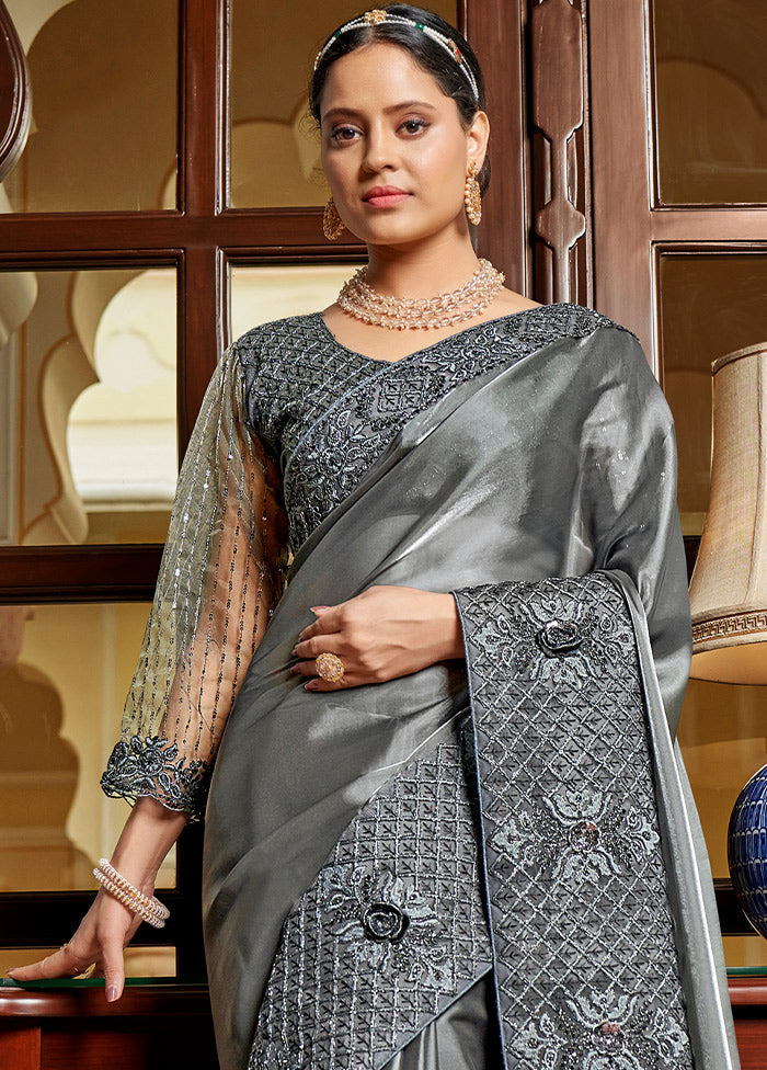 Dark Grey Chiffon Silk Saree With Blouse Piece - Indian Silk House Agencies