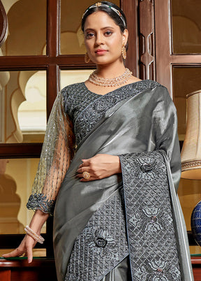 Dark Grey Chiffon Silk Saree With Blouse Piece - Indian Silk House Agencies