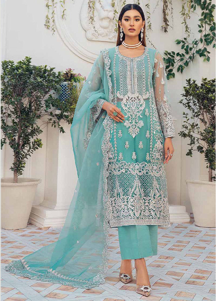 3 Pc Sky Blue Semi Stitched Organza Suit Set VDKSH01082092 - Indian Silk House Agencies