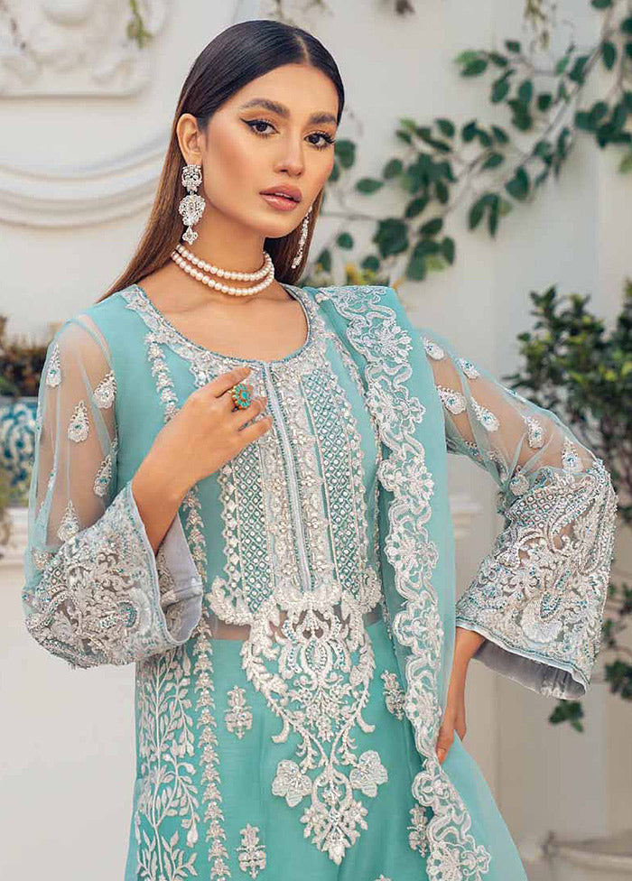 3 Pc Sky Blue Semi Stitched Organza Suit Set VDKSH01082092 - Indian Silk House Agencies