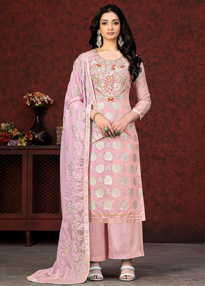 3 Pc Peach Unstitched Silk Suit Set VDKSH01082078 - Indian Silk House Agencies