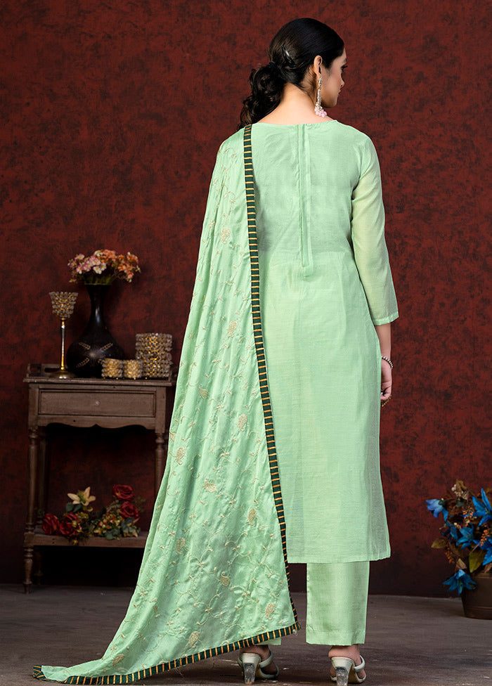 3 Pc Pista Green Unstitched Chanderi Suit Set VDKSH01082081 - Indian Silk House Agencies