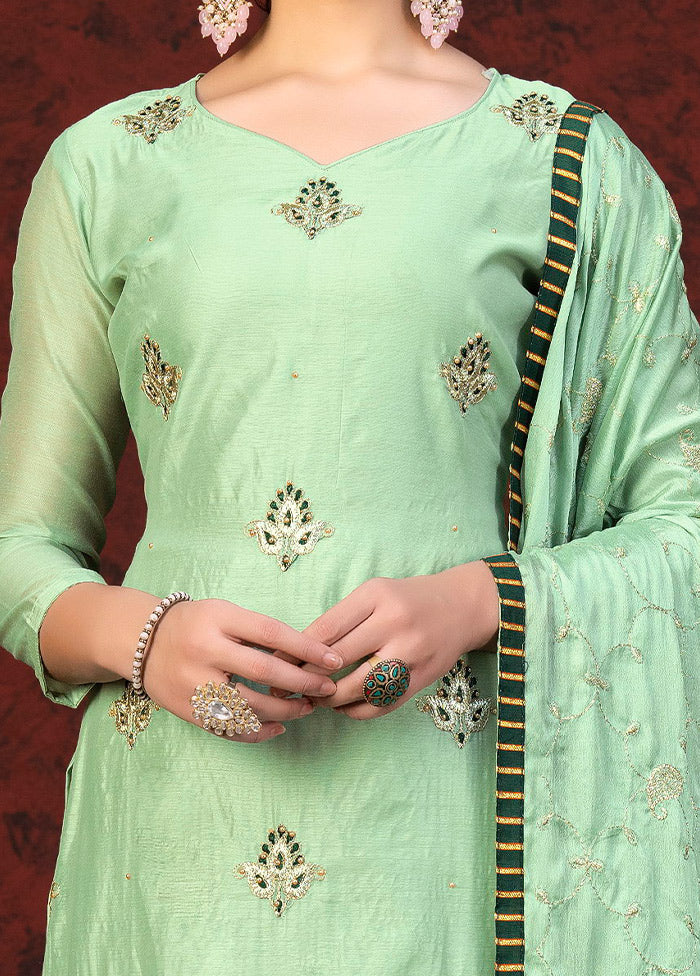 3 Pc Pista Green Unstitched Chanderi Suit Set VDKSH01082081 - Indian Silk House Agencies