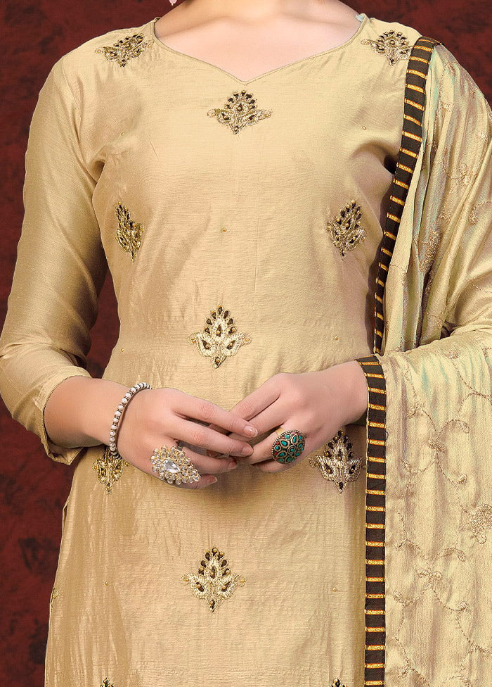 3 Pc Beige Unstitched Chanderi Suit Set VDKSH01082082 - Indian Silk House Agencies