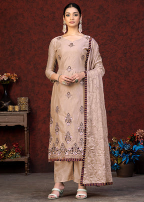 3 Pc Peach Unstitched Chanderi Suit Set VDKSH01082083 - Indian Silk House Agencies