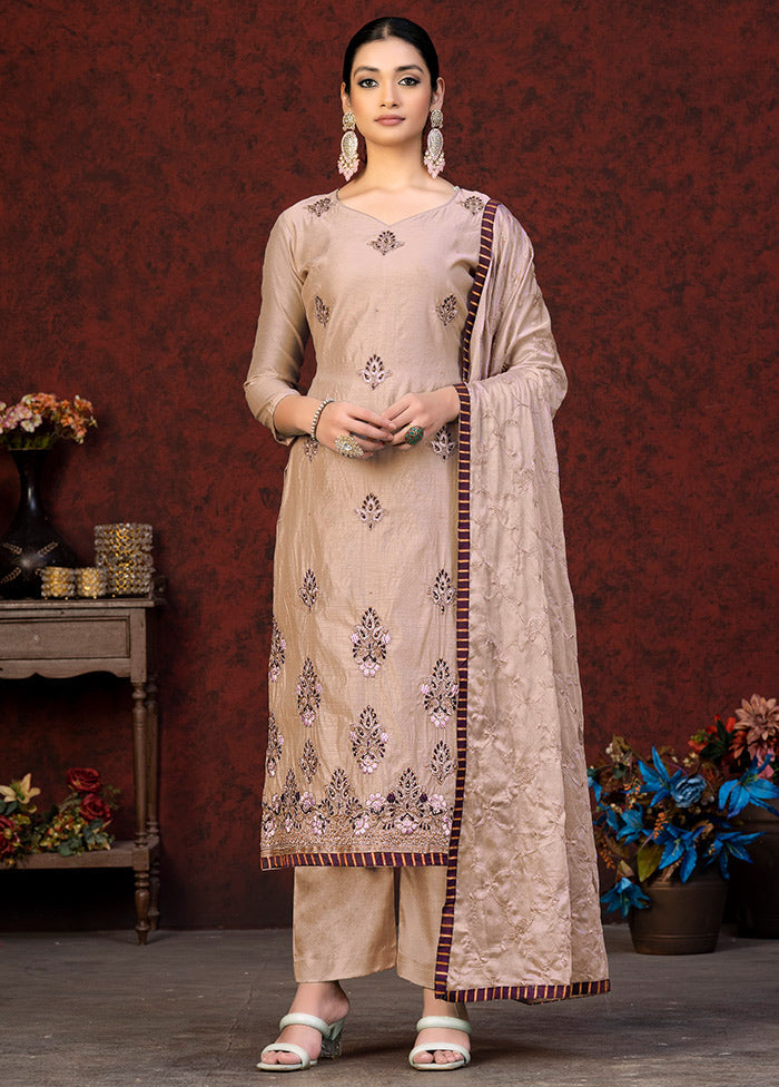 3 Pc Peach Unstitched Chanderi Suit Set VDKSH01082083 - Indian Silk House Agencies