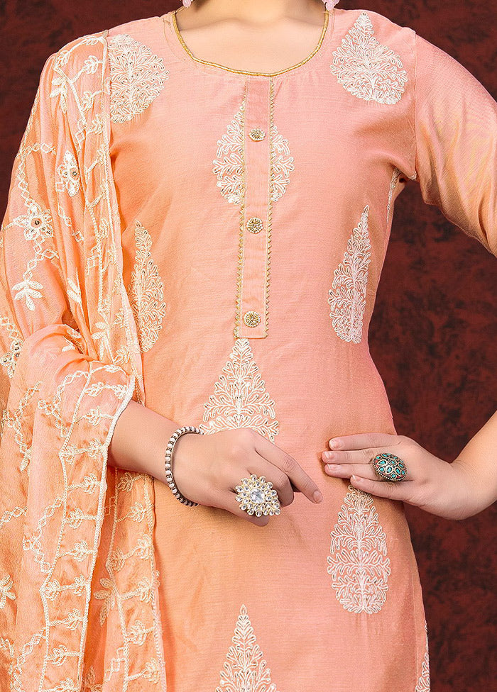 3 Pc Peach Unstitched Chanderi Suit Set VDKSH01082085 - Indian Silk House Agencies