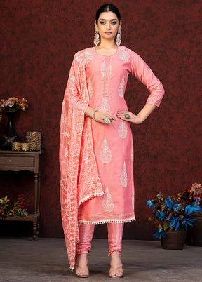 3 Pc Pink Unstitched Chanderi Suit Set VDKSH01082088 - Indian Silk House Agencies