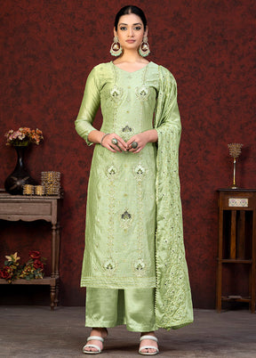 3 Pc Green Unstitched Chanderi Suit Set VDKSH01082090 - Indian Silk House Agencies