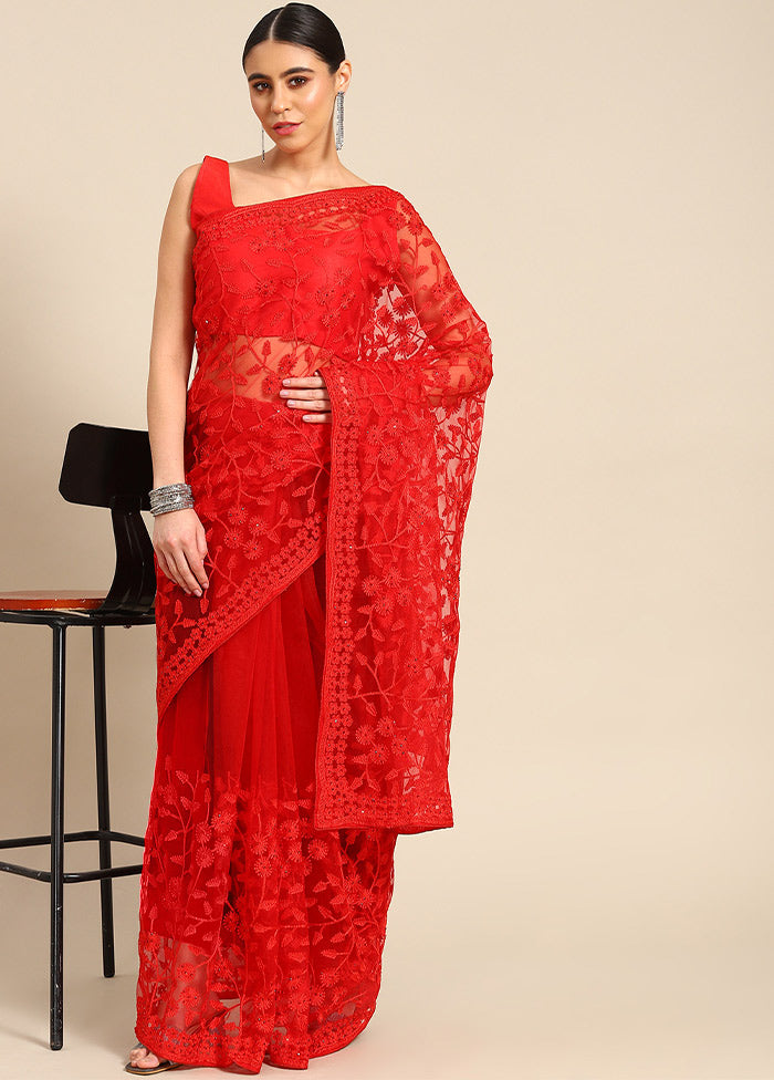 Red Net Saree With Blouse Piece