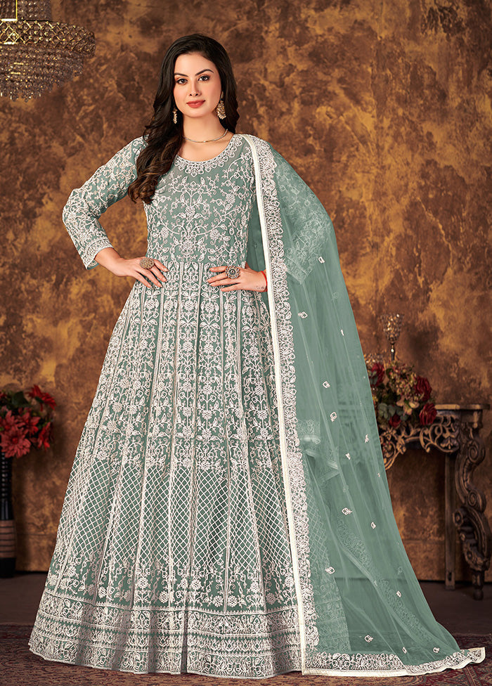 2 Pc Green Readymade Net Gown With Dupatta VDKSH14082182 - Indian Silk House Agencies