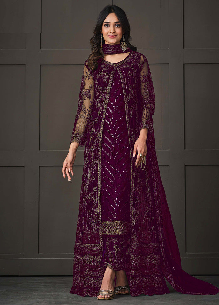 3 Pc Purple Semi Stitched Net Suit Set VDKSH14082144 - Indian Silk House Agencies