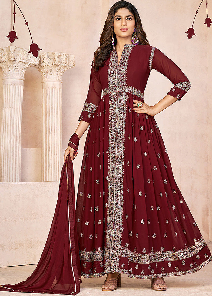 3 Pc Maroon Semi Stitched Georgette Suit Set VDKSH14082155 - Indian Silk House Agencies