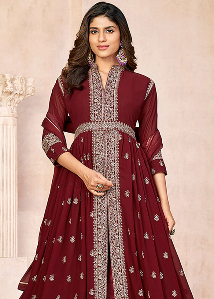 3 Pc Maroon Semi Stitched Georgette Suit Set VDKSH14082155 - Indian Silk House Agencies