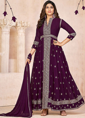 3 Pc Wine Semi Stitched Georgette Suit Set VDKSH14082158 - Indian Silk House Agencies