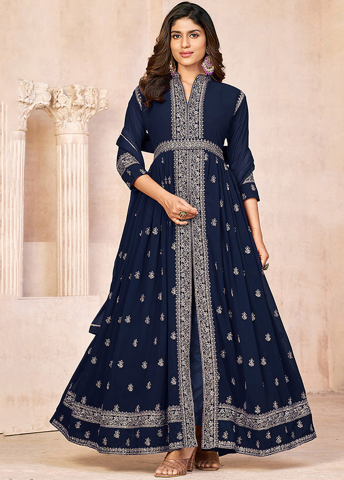 3 Pc Blue Semi Stitched Georgette Suit Set VDKSH14082159 - Indian Silk House Agencies