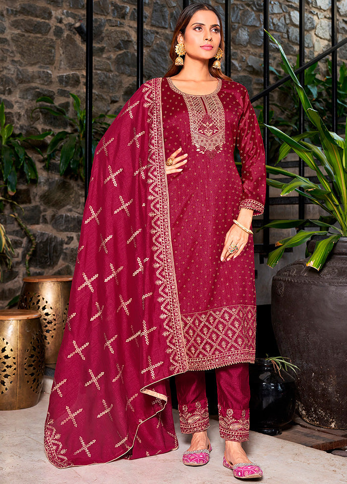 3 Pc Dark Pink Semi Stitched Silk Suit Set VDKSH14082151 - Indian Silk House Agencies