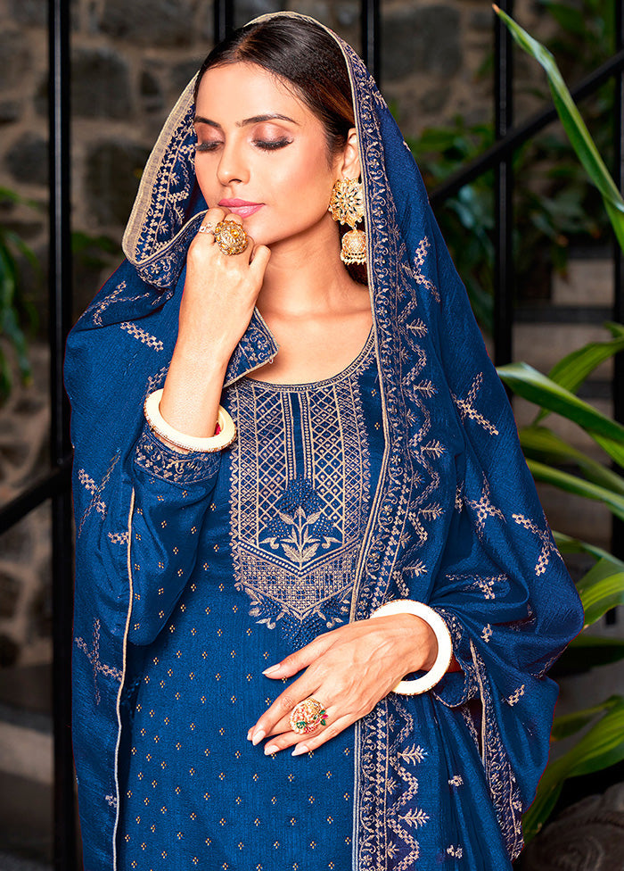 3 Pc Blue Semi Stitched Silk Suit Set VDKSH14082152 - Indian Silk House Agencies