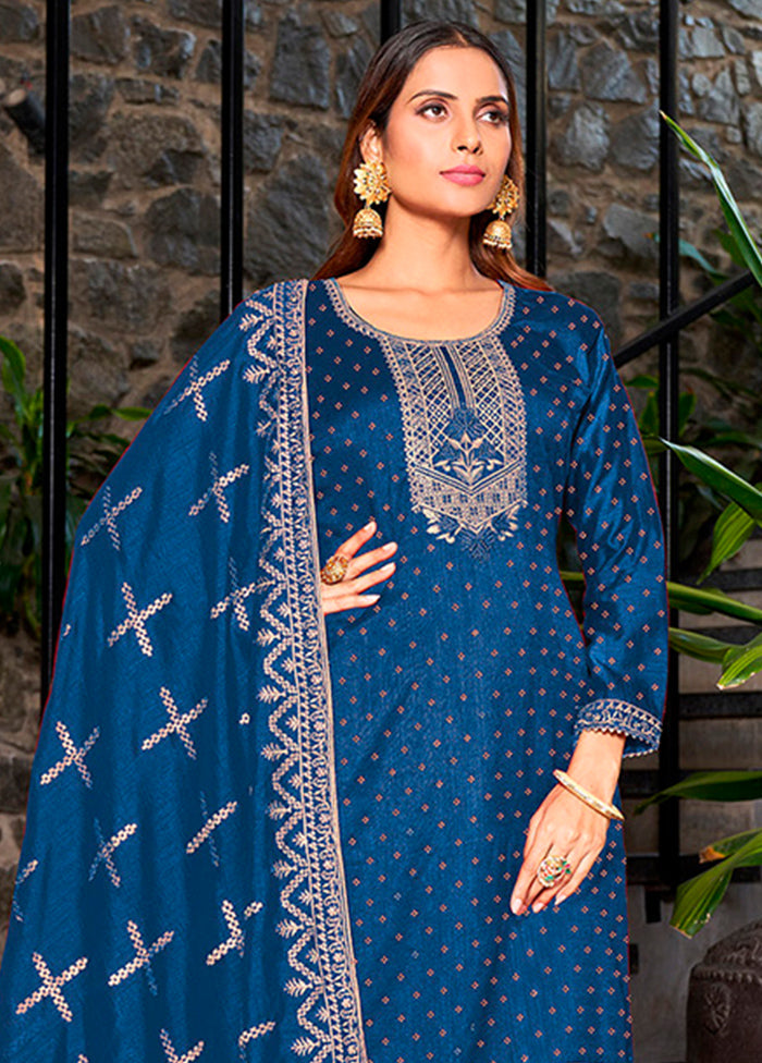 3 Pc Blue Semi Stitched Silk Suit Set VDKSH14082152 - Indian Silk House Agencies