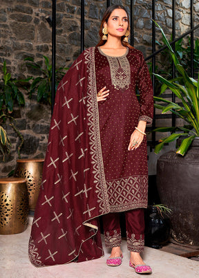 3 Pc Maroon Semi Stitched Silk Suit Set VDKSH14082153 - Indian Silk House Agencies