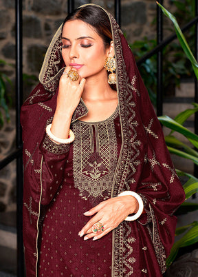 3 Pc Maroon Semi Stitched Silk Suit Set VDKSH14082153 - Indian Silk House Agencies