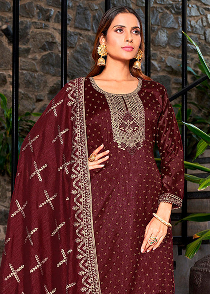 3 Pc Maroon Semi Stitched Silk Suit Set VDKSH14082153 - Indian Silk House Agencies