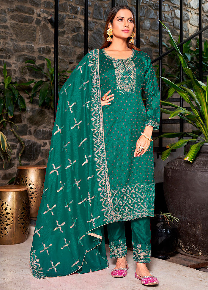 3 Pc Teal Semi Stitched Silk Suit Set VDKSH14082154 - Indian Silk House Agencies