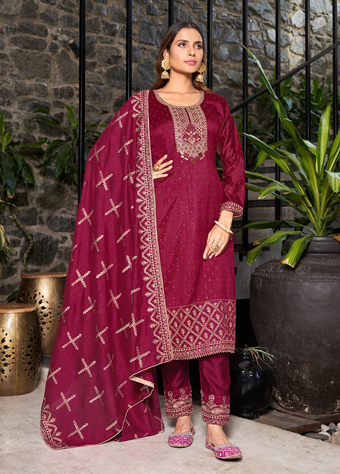 3 Pc Maroon Semi Stitched Silk Suit Set VDKSH14082160 - Indian Silk House Agencies