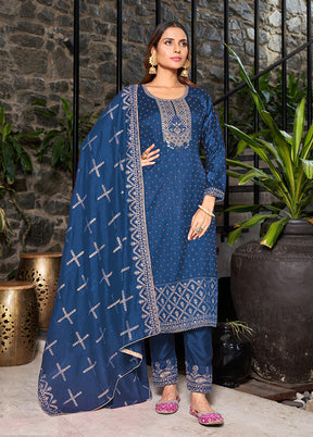 3 Pc Blue Semi Stitched Silk Suit Set VDKSH14082161 - Indian Silk House Agencies