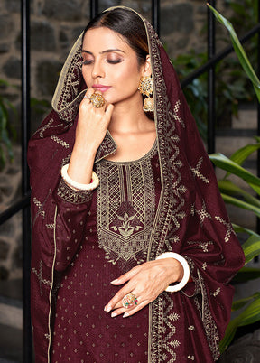 3 Pc Wine Semi Stitched Silk Suit Set VDKSH14082162 - Indian Silk House Agencies