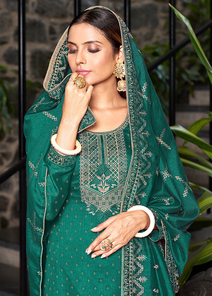 3 Pc Green Semi Stitched Silk Suit Set VDKSH14082163 - Indian Silk House Agencies