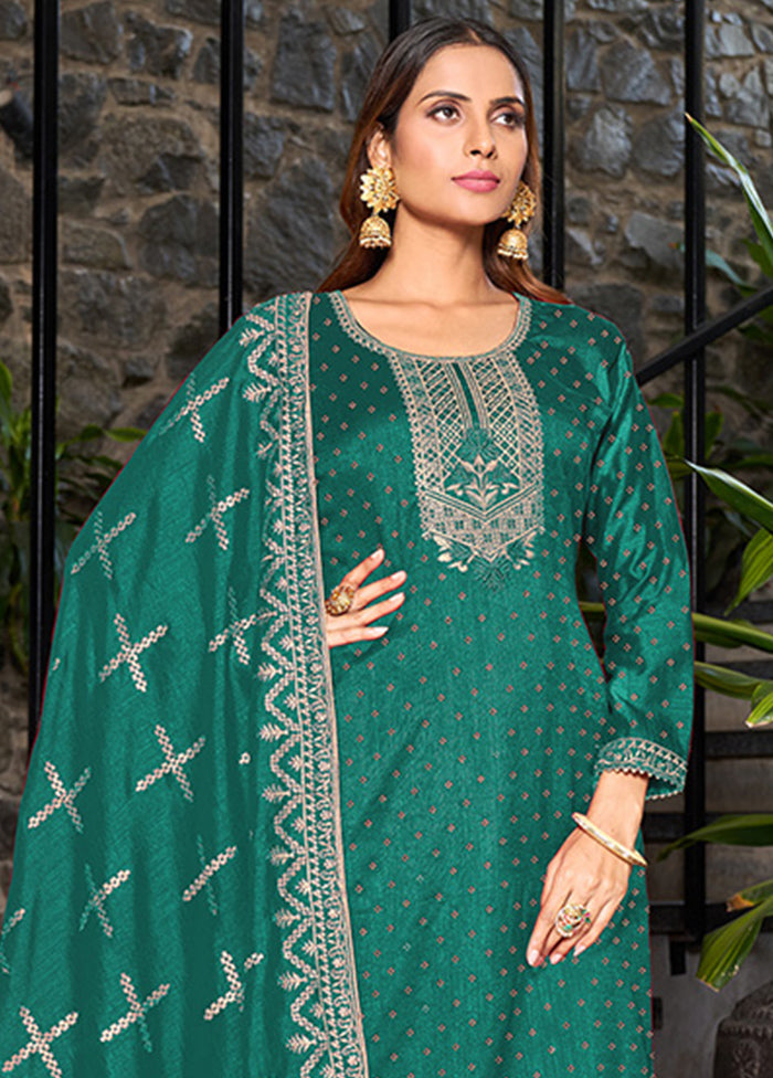 3 Pc Green Semi Stitched Silk Suit Set VDKSH14082163 - Indian Silk House Agencies