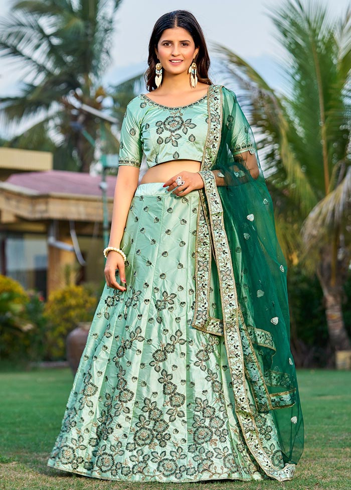 3 Pc Green Silk Semi Stitched Lehenga Set